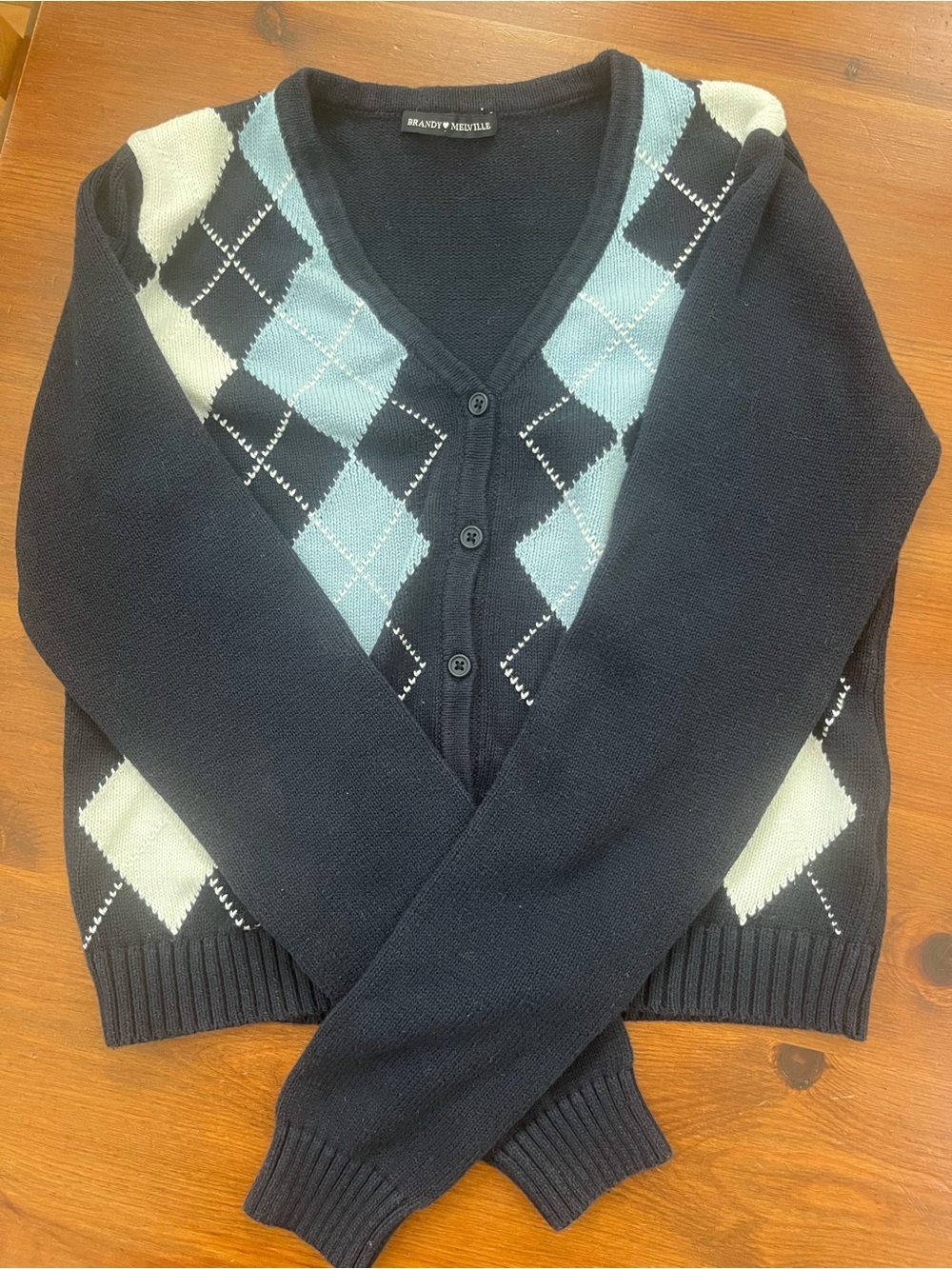 Brandy Melville Navy and Light Blue Argyle V-Neck Cardigan